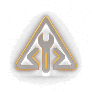 Amber warning triangle fused with a wrench and a code bracket.